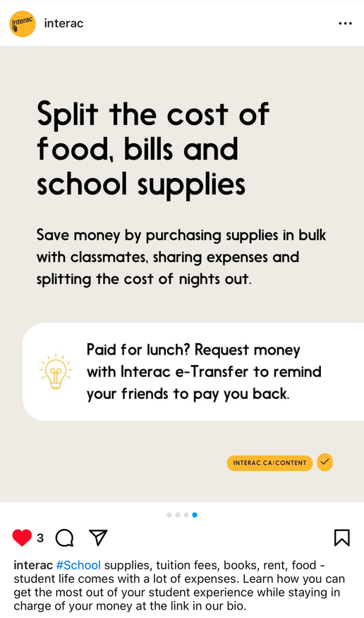 Interac tips for splitting school food, bills and supplies