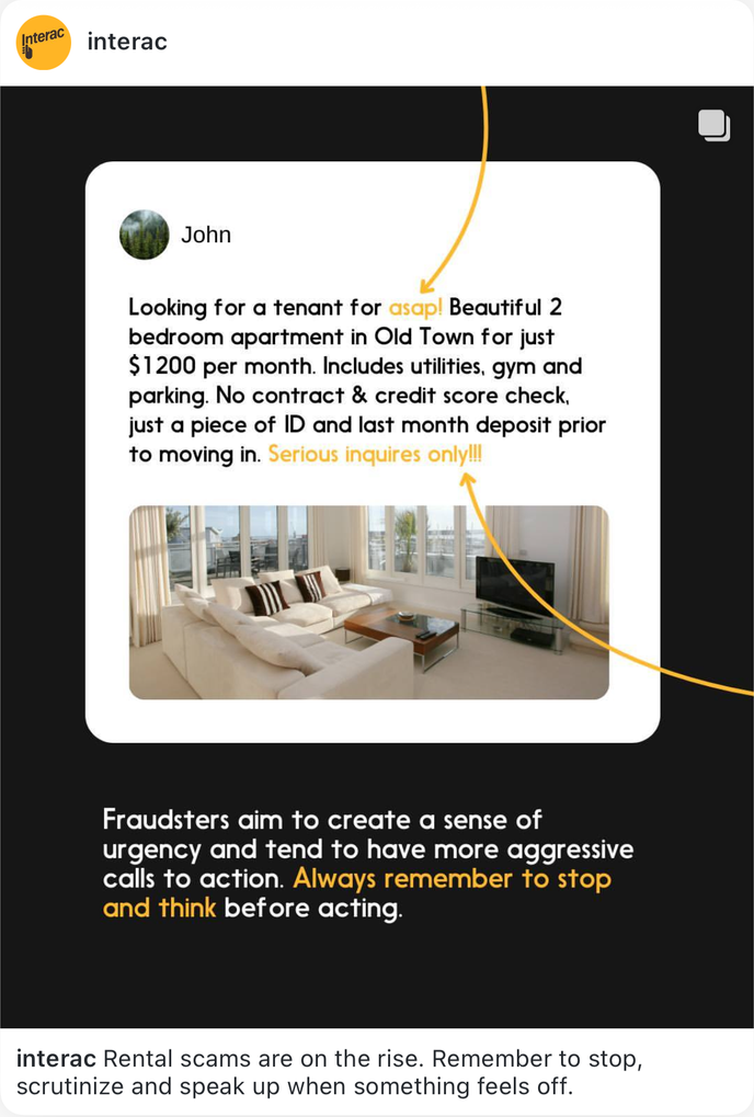 Interac rental scam warning post