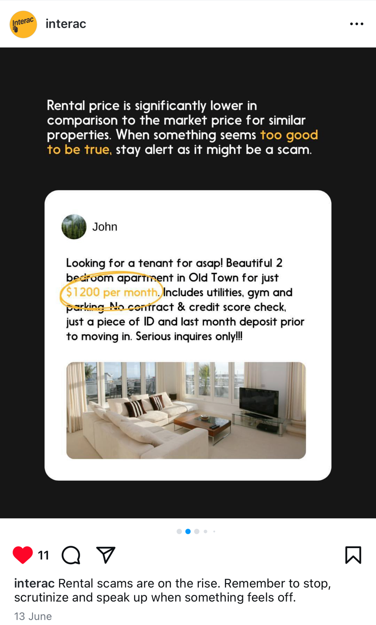 Interac rental scam example about suspiciously low rent