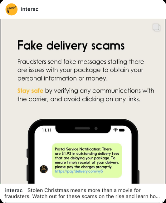 Interac fake delivery scam warning